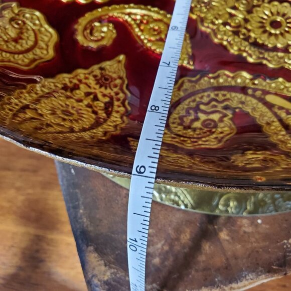 Large Red Pomegranate Paisley Oval Bowl Red Guilded Gold - 12 x 9" - Picture 6 of 7
